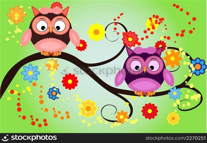 Bright cute cartoon owls sit on the flowering branches of fantastic tree.. Bright cute cartoon owls sit on the flowering branches of fantastic trees