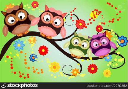 Bright cute cartoon owls sit on the flowering branches of fantastic tree.. Bright cute cartoon owls sit on the flowering branches of trees