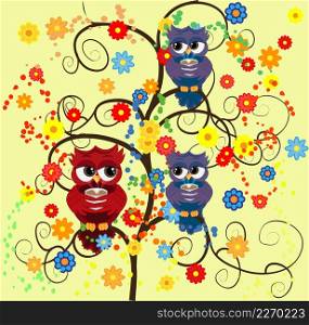 Bright cute cartoon owls sit on the flowering branches of fantastic trees. Bright cute cartoon owls sit on the flowering branches of trees