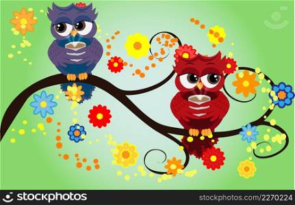 Bright cute cartoon owls sit on the flowering branches of fantastic trees. Bright cute cartoon owls sit on the flowering branches of fantastic tree