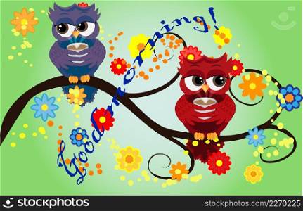 Bright cute cartoon owls sit on the flowering branches of fantastic trees. Bright cute cartoon owls sit on the flowering branches of fantastic tree