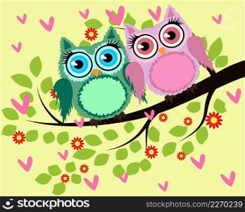 Bright cute cartoon owls sit on the flowering branches of fantastic trees. Bright cute cartoon owls sit on the flowering branches of fantastic trees.