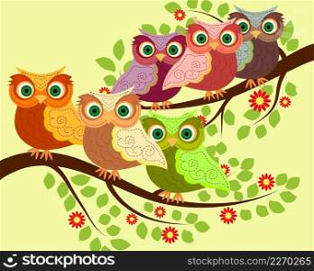 Bright cute cartoon owls sit on the flowering branches of fantastic trees. Bright cute cartoon owls sit on the flowering branches of fantastic tree.