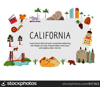 Bright design with famous places of California and place for text. Postes, leaflet, banner. Bright design with famous places of California