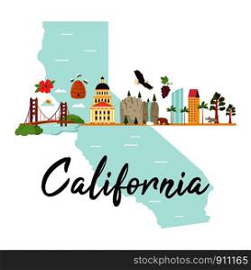 Bright design with famous places of California. Postes, leaflet, banner. Bright design with famous places of California
