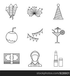 Bright evening icons set. Outline set of 9 bright evening vector icons for web isolated on white background. Bright evening icons set, outline style