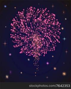 Bright festive firework on holiday celebration. Pyrotechnics show on evening sky among stars. Entertainment for people on diwali. Colorful explosions illustration. Vector picture in flat style. Bright Firework on Night Sky, Celebrating Holiday