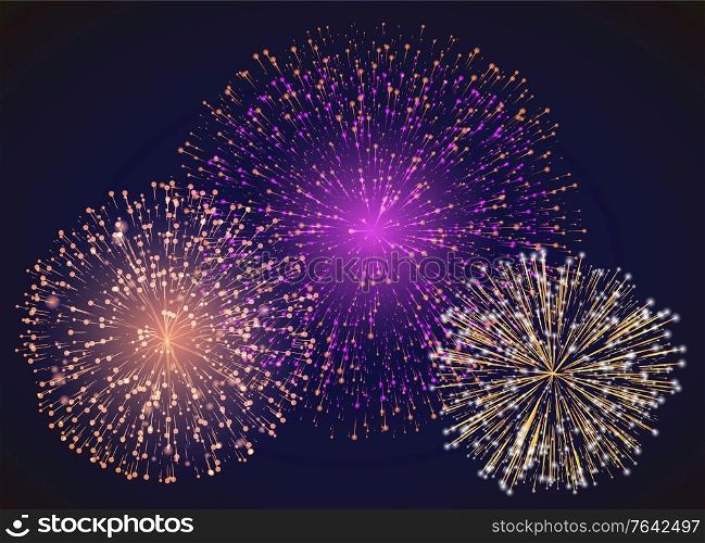 Bright festive fireworks on holiday celebration. Pyrotechnics show on night or evening sky. Entertainment for people on 4th of july or diwali. Colorful explosions. Vector illustration in flat style. Colorful Bright Fireworks on Night Sky, Celebrate