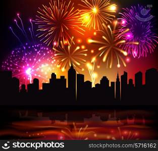 Bright festive fireworks with modern city skyscrapers at night background vector illustration