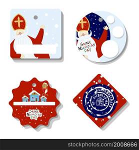 Bright festive paper price tags or gift tags of various shapes. Set of stickers for the day of St. Nicholas. St. Nicholas Day, Mikulas, Sinterklaas Eve. Gift tags.. Bright festive paper price tags or gift tags of various shapes. Set of stickers for the day of St. Nicholas. St. Nicholas Day, Mikulas, Sinterklaas Eve. Gift tags
