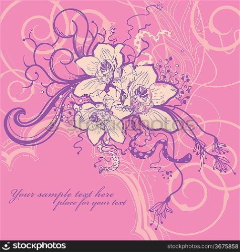 bright floral background with blooming orhids and fantasy plants