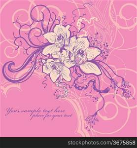 bright floral background with blooming orhids and fantasy plants