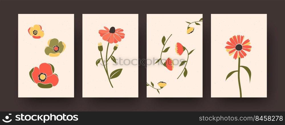 Bright floral collection of contemporary art posters. Set of decorative flowers in pastel colors on beige background. Flowers and blossom concept for banners, postcard invitation designs, backgrounds. Bright floral collection of contemporary art posters