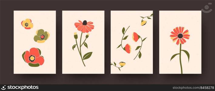 Bright floral collection of contemporary art posters. Set of decorative flowers in pastel colors on beige background. Flowers and blossom concept for banners, postcard invitation designs, backgrounds. Bright floral collection of contemporary art posters