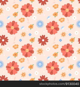 Bright floral ornament seamless pattern background. Fully editable 2D flat color illustration. Trendy cartoon vector graphics. Creative backdrop image for textile, fabric, wallpaper design. Bright floral ornament seamless pattern background