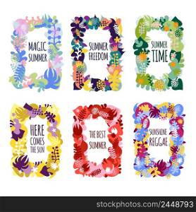 Bright floral summer frames set decorated with colorful flowers leaves and plants isolated on white background flat vector illustration. Abstract Floral Frames