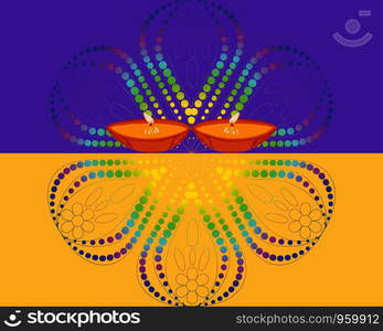 Bright flower rangoli with Diwali diya. Vector illustration.. Bright flower rangoli illustration with Diwali diya.