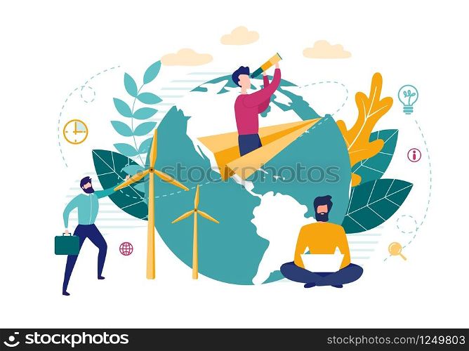 Bright Flyer Distribution Information Cartoon. Poster Creating Positive Opinion about Company. Men Work with Green Energy. Guy is Flying on Paper Airplane Flat. Vector Illustration.