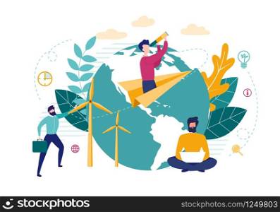 Bright Flyer Distribution Information Cartoon. Poster Creating Positive Opinion about Company. Men Work with Green Energy. Guy is Flying on Paper Airplane Flat. Vector Illustration.