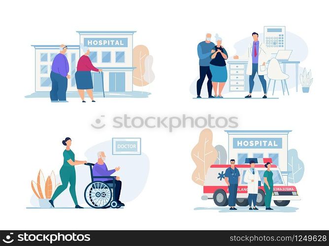 Bright Flyer Hospital Visit Lettering, Cartoon. Poster Grandmother with Grandfather Look at Building Hospital. Ambulance Team on Background Car to Call Ambulance. Vector Illustration.