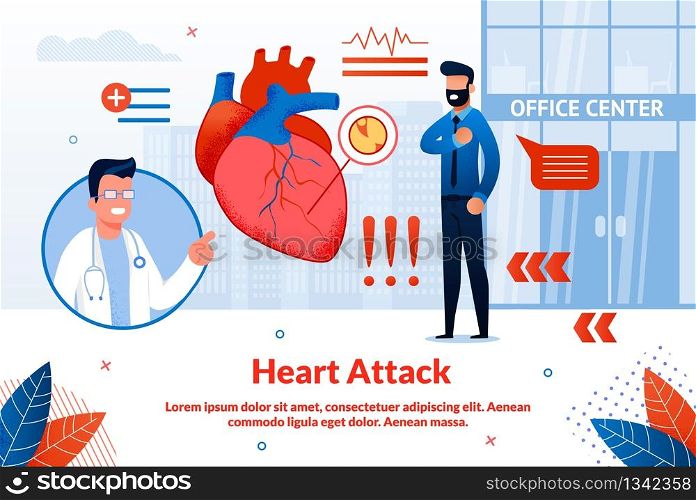 Bright Flyer Inscription Heart Attack Cartoon. Research Only to Identify Certain Specific Diseases. Man is having Pain in his Heart Standing Next to Clinic Flat. Vector Illustration.. Bright Flyer Inscription Heart Attack Cartoon.