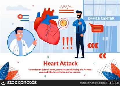 Bright Flyer Inscription Heart Attack Cartoon. Research Only to Identify Certain Specific Diseases. Man is having Pain in his Heart Standing Next to Clinic Flat. Vector Illustration.. Bright Flyer Inscription Heart Attack Cartoon.