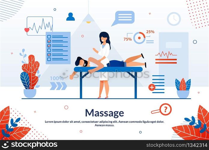 Bright Flyer Inscription Massage Cartoon Flat. Banner Disease Prevention Attracts Healthy People to Medical Examinations. Female Doctor Gives Healing Massage to Man. Vector Illustration.. Bright Flyer Inscription Massage Cartoon Flat.