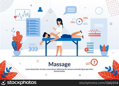 Bright Flyer Inscription Massage Cartoon Flat. Banner Disease Prevention Attracts Healthy People to Medical Examinations. Female Doctor Gives Healing Massage to Man. Vector Illustration.. Bright Flyer Inscription Massage Cartoon Flat.