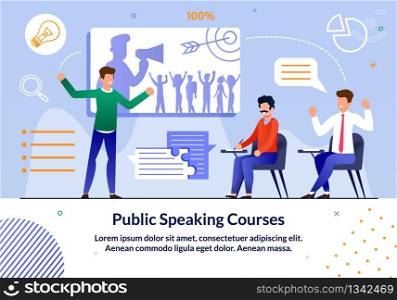 Bright Flyer Inscription Public Spiking Courses. Companies are Introducing Online Education to Train their Employees. Men are Sitting in Audience and Listening to Speaker. Oratory Training.