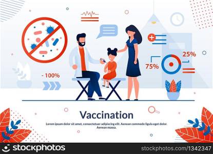 Bright Flyer Inscription Vaccination Trendy Flat. Medicine is Inextricably Linked with Modern Technology. Mother Brought her Daughter for Vaccination, Doctor Gives an Injection to Child.