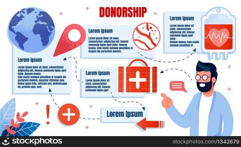 Bright Flyer International Donorship Program. Bearded Male Doctor in Blue Coat Shows on Medical Suitcase with Cross. Infographics about Importance Donation, Flat. Vector Illustration.