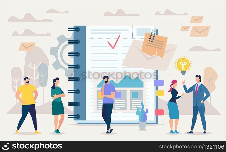 Bright Flyer Keeping Daily Tasks in Notebook. Poster Conceptual Idea People and Daily Planning. Banner Men and Women Talk about Everyday Ideas on Background Diary. Vector Illustration.