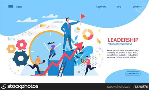 Bright Flyer Leadership, Training and Development. Mans Boss is Standing on Podium with Flag, Girl with Briefcase is Running Up Stairs, Guys fre Running against Background Large Dial.