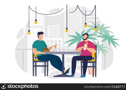 Bright Flyer Lounge Cafe in Office Cartoon Flat. Proper Nutrition During Working Day. Men Sit at Table in Room for Eating at Work and Eat. Panoramic Window in Company Cafe. Vector Illustration.
