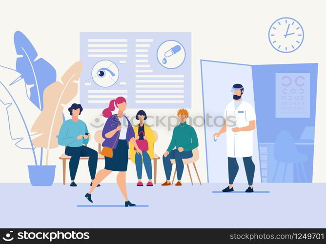 Bright Flyer Oculist Eye Treatment Cartoon Flat. Doctor Invites Patients to go to Office for Examination. Oculist Checks Vision Patient in Order to Prevent Eye Diseases. Vector Illustration.