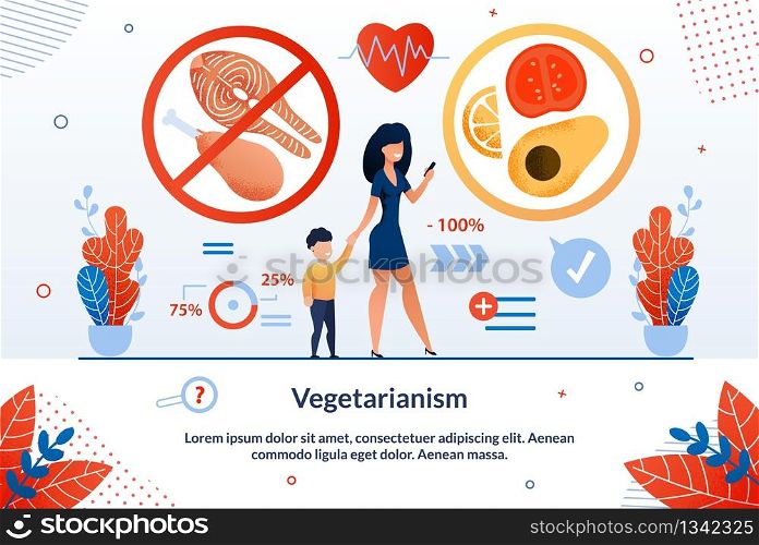 Bright Flyer Vegetarianism Lettering Trendy Flat. Banner Successful Management Prevention Hereditary Diseases. Mother with Baby Uses Calorie Counting App Cartoon. Vector Illustration.. Bright Flyer Vegetarianism Hereditary Diseases