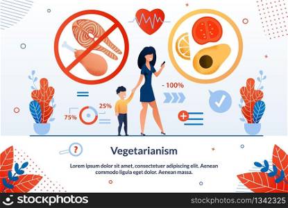 Bright Flyer Vegetarianism Lettering Trendy Flat. Banner Successful Management Prevention Hereditary Diseases. Mother with Baby Uses Calorie Counting App Cartoon. Vector Illustration.. Bright Flyer Vegetarianism Hereditary Diseases