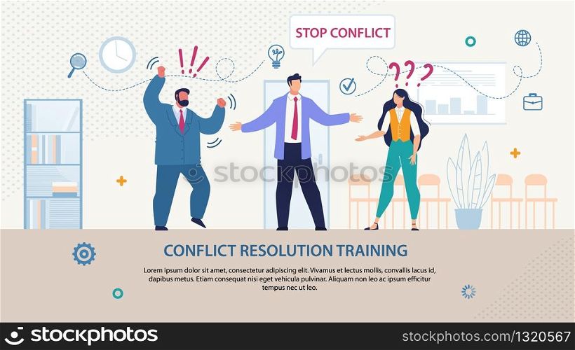 Bright Flyer Written Conflict Resolution Training. Banner Inscription in Cloud Stop Conflict. Guy Stands between Boss Man in Suit and Female Employee. Trying on Team. Vector Illustration.