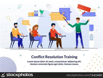 Bright Flyer Written Conflict Resolution Training. Banner Training Courses Offer Professional Training and Develop Nommunication Skills. Guys and Girls make Notes While Sitting at Training.