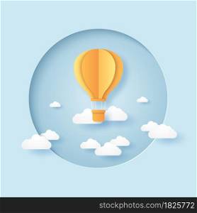 bright folded hot air balloon flying in the blue sky in circular frame, paper art style