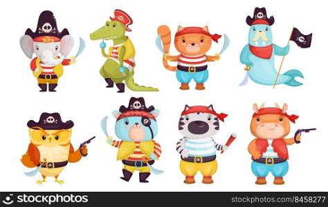 Bright funny pirate animals flat pictures set. Cartoon cute Nordic sailors of crocodile, elephant, cat, owl, bull isolated vector illustration collection. Mascots and children entertainment concept