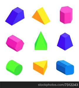 Bright geometric figures set, vector illustration with colorful hexagonal, triangular and cuboid prisms, square pyramids, cylinder and combined prism. Bright Geometric Figures Set, Vector Illustration