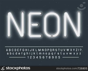 Bright glowing white neon sign characters. Vector font with simple glow realistic light effects alphabet text letters and numbers lamps template on gray background. Bright glowing white neon sign characters. Vector font with glow light letters and numbers lamps
