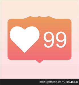 Bright gradient like and heart shape counter notification. Number 99. Internet symbol isolated on warm color background.