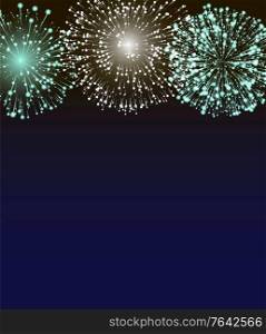 Bright green and yellow fireworks on night or evening sky. Pyrotechnics show on holiday celebration. Entertainment and attraction for people on diwali. Colorful explosions illustration in flat style. Colorful Fireworks on Evening Sky, Celebrating