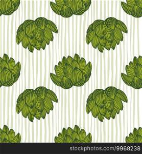 Bright green contoured lotus flowers seamless pattern in doodle stylistic. Light grey striped background. Decorative backdrop for fabric design, textile print, wrapping, cover. Vector illustration. Bright green contoured lotus flowers seamless pattern in doodle stylistic. Light grey striped background.