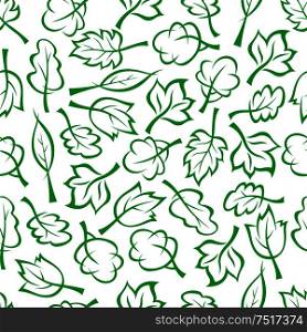 Bright green sketched seamless pattern of spring forest or park trees and bushes randomly scattered over white background. Use as nature, ecology themes or retro fabric design. Spring green trees and bushes seamless pattern