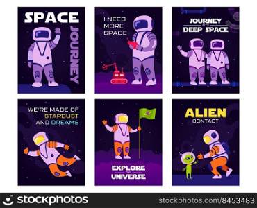 Bright greeting card designs with happy cosmos explorers. Colored astronauts exploring open space. Galaxy adventure and universe concept. Template for promotional leaflet or flyer