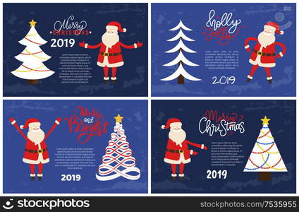 Bright greeting card with Santa and tree on blue. Christmas and New Year 2019 postcard, Xmas vector abstract spruces, topped by star, fir plants, text. Merry Bright Greeting Card Santa Holding Hands Up