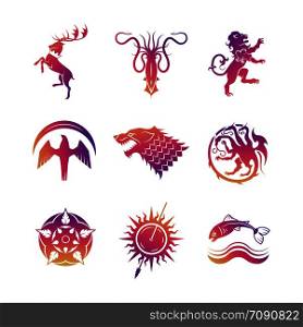 Bright heraldic vector icons with animals and throne symbols silhouettes illustration. Heraldic vector icons with animals